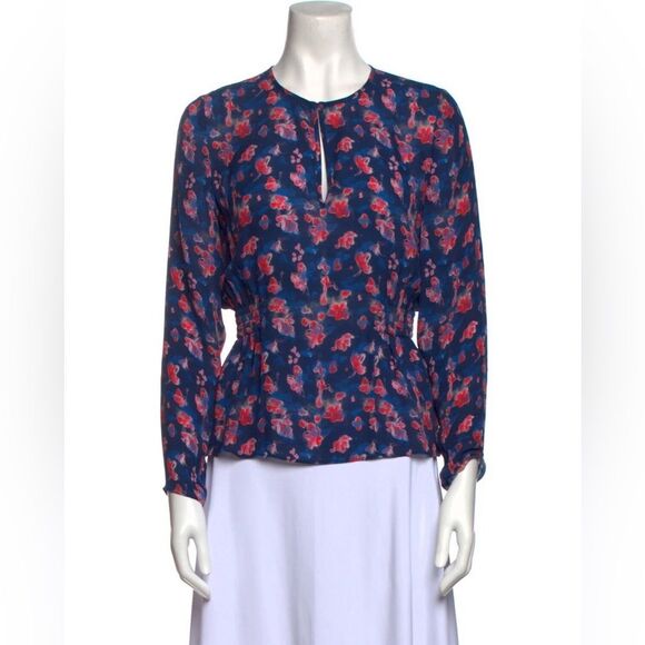 Tanya Taylor Heather Printed Silk w/ Cinch Waist in Storm Blue Top 4 NWOT - Picture 8 of 12